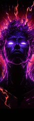 A striking digital artwork featuring a mysterious figure with glowing eyes and an aura of purple flames, evoking a sense of power and mysticism.