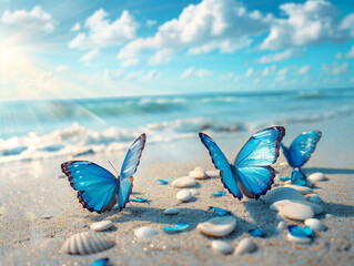 Beach with blue butterflies beautiful light