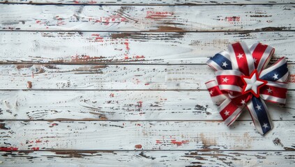 Red, white and blue ribbon bow, symbolizing the American flag, concept of 4th of July, Independence Day.