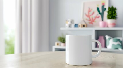 Obraz premium White kids mug mock up. Blank template for your design, advertising, logo. Close-up view. Copy space. Cup standing in children room. Playful cup mockup. 3D rendering