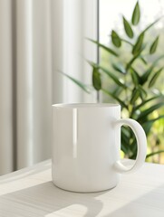 White kids mug mock up. Blank template for your design, advertising, logo. Close-up view. Copy space. Cup standing in children room. Playful cup mockup. 3D rendering