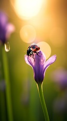 Fototapeta premium Beautiful ladybug resting on a purple flower with dewdrops and a golden sunrise background, illustrating nature's serene moments.