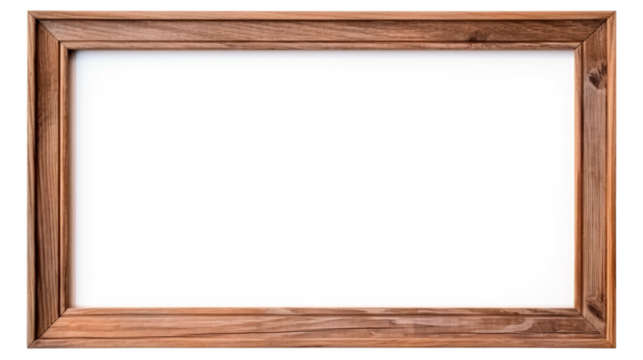 Wooden oak landscape brown picture frame with an empty white blank canvas for use as a border, png file cut out and isolated on a transparent background.