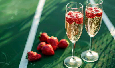 Luxury sporting tennis event with glasses of champagne and strawberries on a tennis court