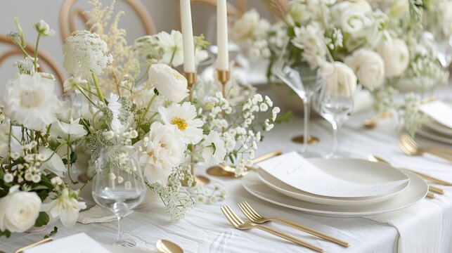 Elegant white floral table setting with gold cutlery and candlelight. Wedding or event decor. Concept of celebration, sophistication, festive dining, classic style