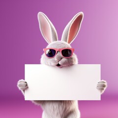 Fototapeta premium Cute bunny wearing sunglasses holding blank sign, pink background. Fun and playful concept for Easter or advertising.
