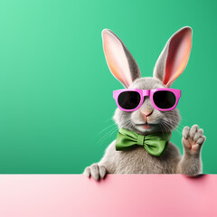 Obraz premium Cute rabbit wearing pink sunglasses and a green bow tie, standing against a green background, waving with one paw. Fun and playful image.
