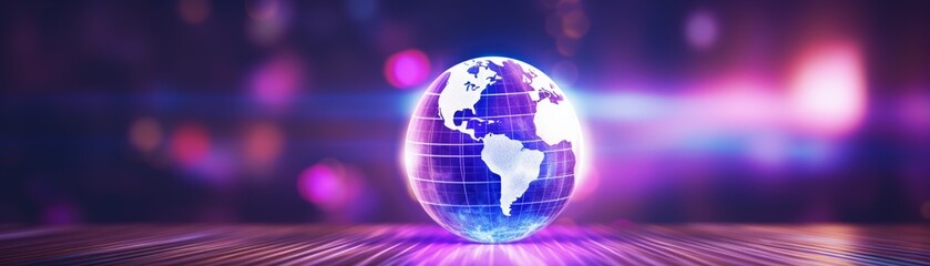Digital globe with neon lights representing global communication and technology, highlighting Earth in a futuristic, vibrant style.