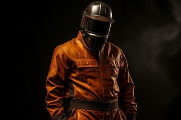 Person clad in protective welding attire strikes a pose in a dramatic setting with a hazy backdrop