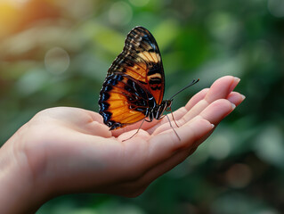 Environment concept, beautiful butterfly on woman's hand, ecosystem