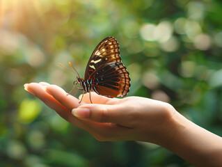 Environment concept, beautiful butterfly on woman's hand, ecosystem