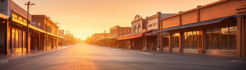 Sunrise over a deserted small-town street with historic buildings, capturing a peaceful and serene atmosphere in the early morning light.