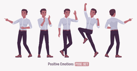 Successful happy win handsome young man set pose. Positive confident dark skin professional business man startup leader, entrepreneur, corporate project owner, formal wear, shirt. Vector illustration