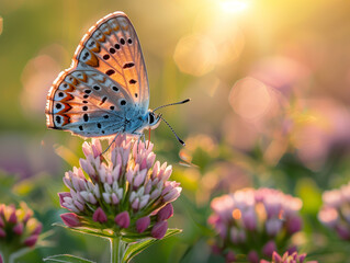 Sunrise moment with butterfly on a flower