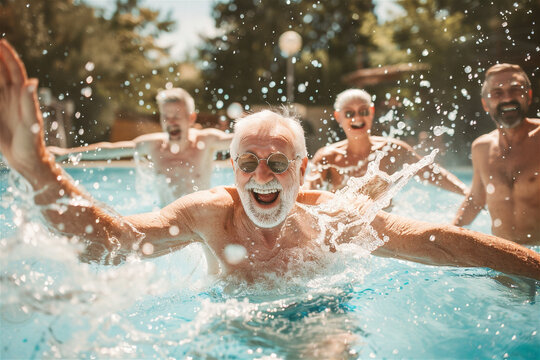 Group of cheerful seniors having fun in pool, smiling, jumping, swimming and splashing. Elderly friends spending hot summer day at the swimming pool