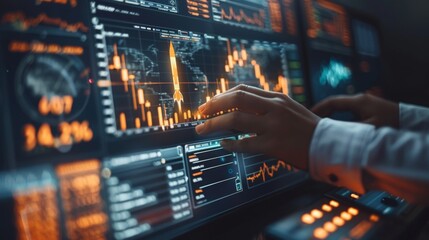 Businessman with digital interface with rocket startup, graph, diagram. Dark background