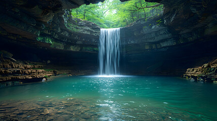 A nature cave scene with a waterfall flowing into an underground pool, the sound of water echoing in the chamber