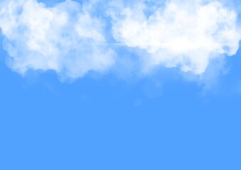 Illustration with a cloudy but clear sky. Sunshine. Meteorology. Weather forecast mockup. Postcard with white clouds