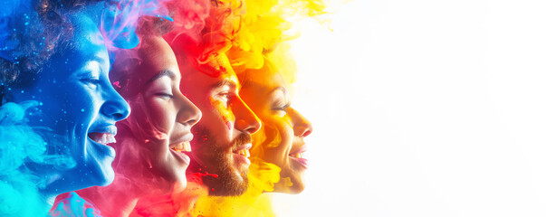 Banner with smiling happy people, looking in one direction.