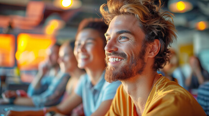 People indoors, looking in one direction