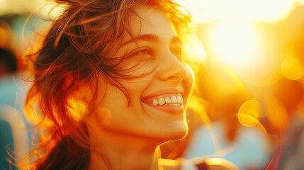Portrait of a smiling happy woman in sunset, open air, outdoor