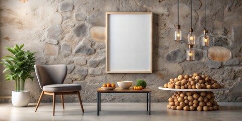 3D Mockup poster empty Blank Frame, hanging on an industrial-inspired abstract wall featuring stones, dry fruits, a vase, and a chair, above a minimalist modern display room