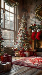 Beautifully decorated Christmas tree by the fireplace