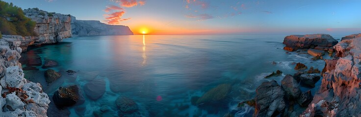 A nature cliff during sunset, the sky ablaze with colors, and the rocks casting long shadows