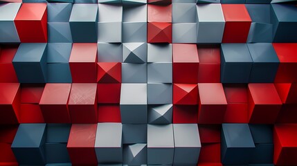 Abstract 3D Geometric Shapes in Red, Blue, and Gray Patterned Arrangement