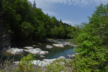 The beautiful landscape along with the Sorachi river in Hokkaido Japan