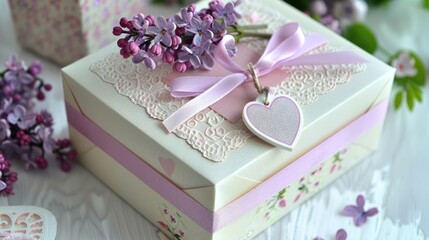 A decorated gift craft box with ribbon lilac branch heart ornament and tag