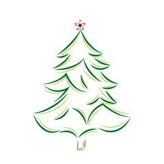 Christmas tree. Hand drawn line drawing isolated on white background. Green ink vector illustration.