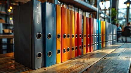 Multicolored new segregator folders stand on a shelf in a modern office