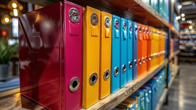 Multicolored new segregator folders stand on a shelf in a modern office