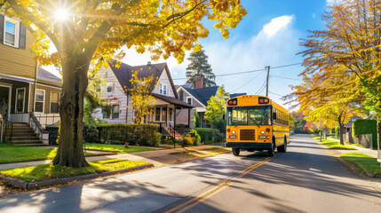 Fototapeta premium A school bus rides in the early fall morning sunshine down a cozy street with cottages, green lawns and beautiful trees with yellow foliage