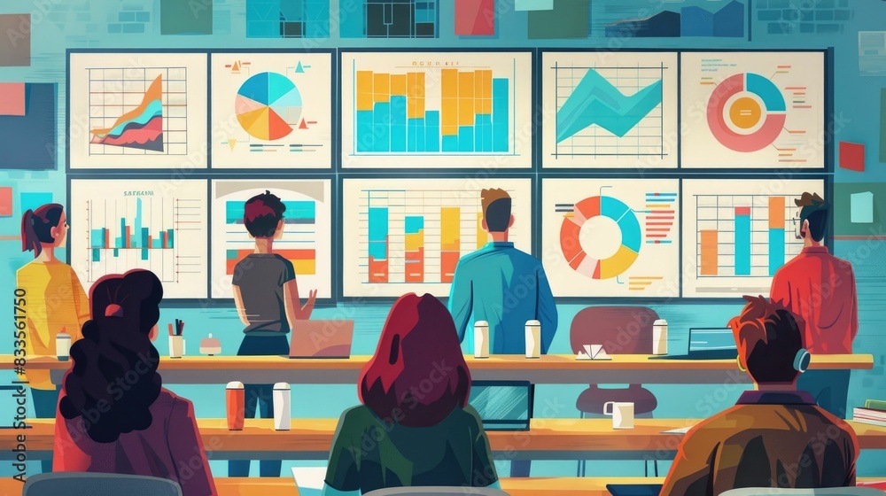 Poster business team using data visualization tools like diagrams charts and graphs to analyze information 