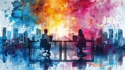 Obraz premium Watercolor depiction of two people working at desks with laptops, vibrant cityscape and abstract background.