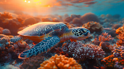 A nature coral atoll scene with a sea turtle swimming gracefully among the corals, the sun setting in the background