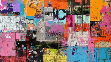 Naklejka premium Vibrant collage of layered street art and graffiti symbols with a chaotic mix of colors patterns and urban inspired elements blending together in an abstract and dynamic composition