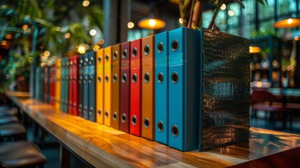 Multicolored new segregator folders stand on a shelf in a modern office