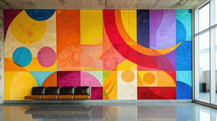 Vibrant Geometric Abstract Mural with Bold Color Patterns Designed for Modern Interior Decor and Architecture Colorful Abstract Wall Art with Striking Geometric Shapes and Textures