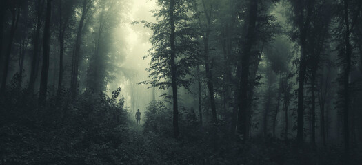 man silhouette walking on a path in a dark fantasy forest