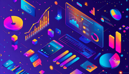 A computer monitor displays a colorful, futuristic scene with various graphs by AI generated image