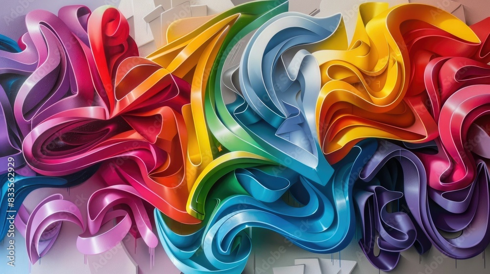 Poster vibrant and dynamic graffiti typography with intricate flowing letters in a rainbow of vivid colors 