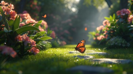 Monarch Butterfly Sitting On Sunlit Garden Pathway Surrounded By Pink Flowers And Green Grass Under Soft Morning Light Creating Peaceful Natural Spring Atmosphere