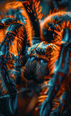 Close-up of orange tarantula with blue highlights.