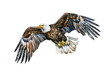 Realistic painting of bald eagle in flight with wings outstretched.