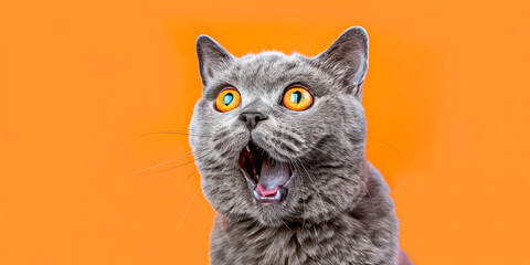 Grey cat with surprised expression against an orange background.