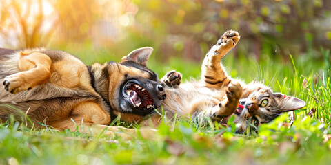 Obraz premium A cat and dog playing in the grass.
