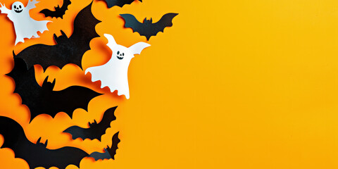 Paper cutouts of black bats and white ghosts on an orange background.